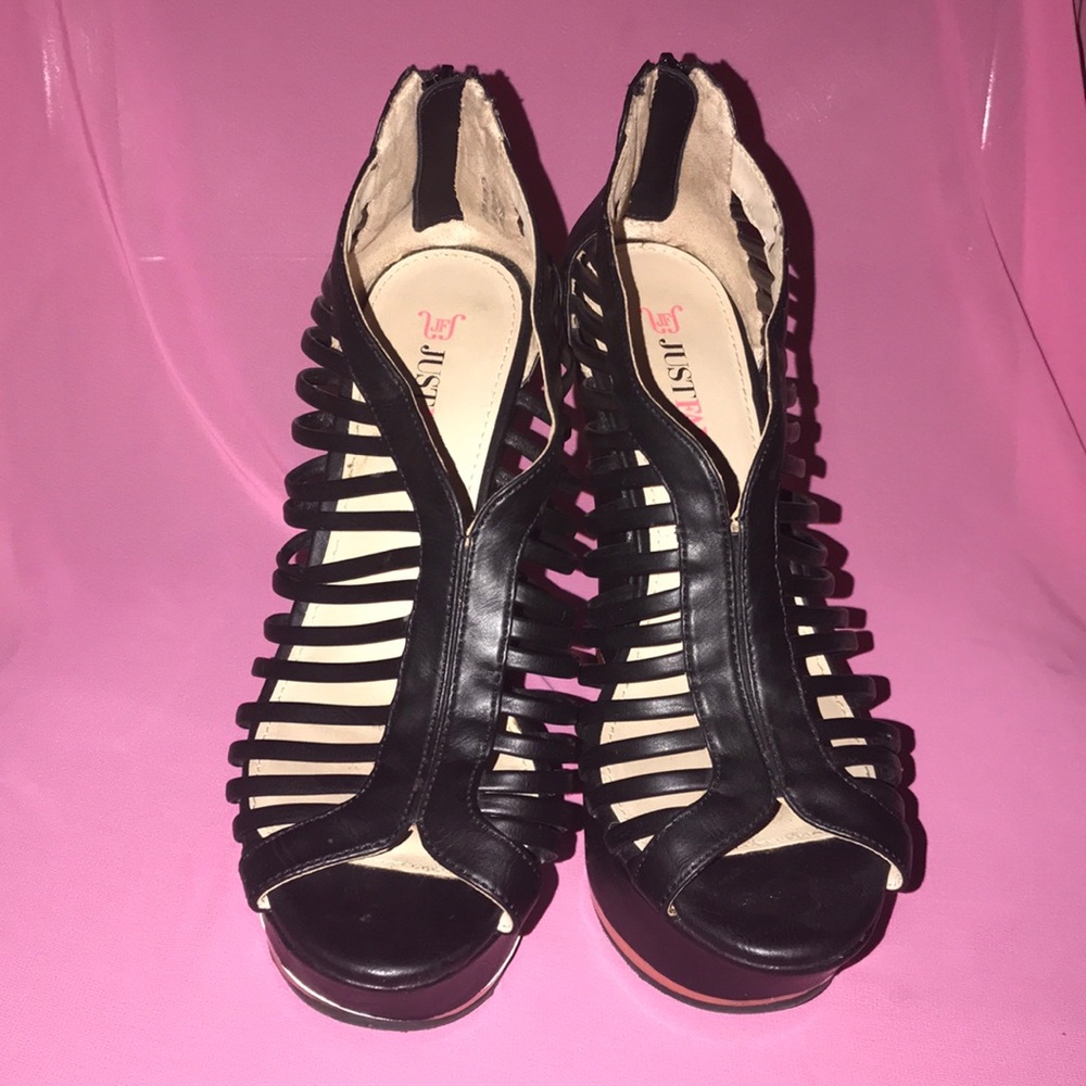 Just Fab Black Strappy Wedges
